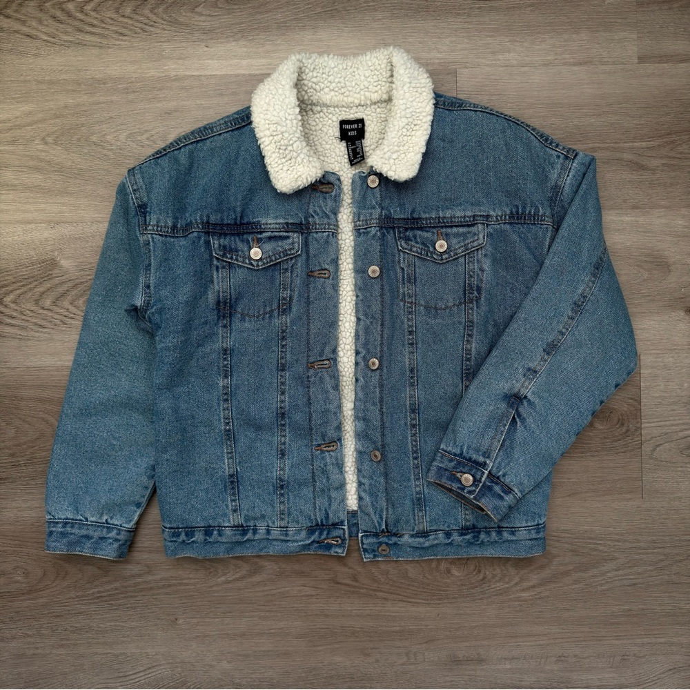 Forever 21 Blue Denim Jacket with White Sherpa Collar